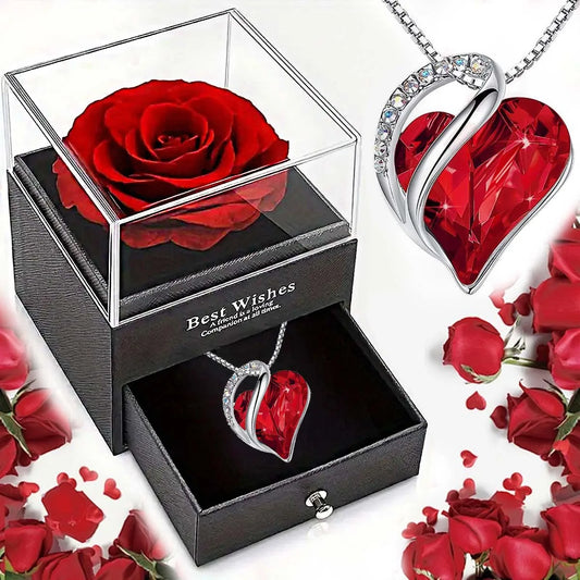 Heart Love Necklace with Eternal Rose Jewelry Box